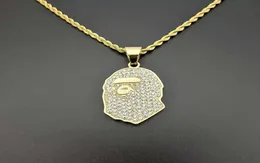 Pendant Necklaces Hip Hop Bling Iced Out Rhinestone Gold Color Stainless Steel Ape Man Pendants Necklace For Men Rapper Jewelry5278583