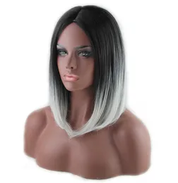 Woodfestival Short Straight Wig Black Grey Ombre Carve Hair Wigs For Women Heat Resistant Fiber Cosplay 35CM5714581