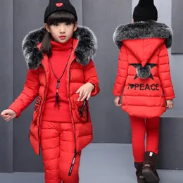 Down Coat Girls Winter 3 Piece Set Jacket Child Clothing for Russia Vest Warm Top Cotton Pants Kids Coats with Fur Hooded Outerwear Suit 221130