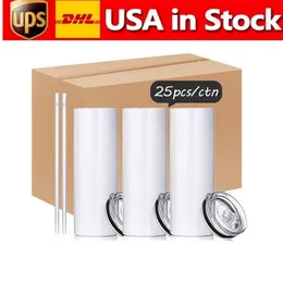 USA 2 dagar leverans 20oz sublimering tumbler blanker rostfritt stål vattenflaskor sublimering rak mugg med halm 50pcs/box SS1201