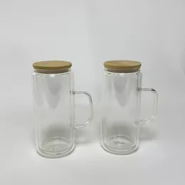 16 oz fördrill snöklot glas kan tumlar med handtag bambu lock halm dubbel vägg icke-offer glasögon tumlare klar tom glitter kaffe mugg
