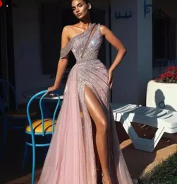 Elegant Off Shoulder Long Prom Dresses Full Beaded For Arabic Women Sexy Front Split Formal Evening Pageant Gowns Robe De BC13141