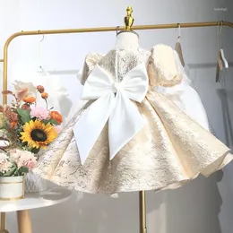Girl Dresses Wedding Flower Dress Satin Puff Sleeves Fluffy Yarn Embroidery Bow Lolita Princess Court Birthday Party Prom Costume