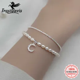 Armbandskedja Trustdavis Luxury 925 Sterling Silver Double Layer Freshwater Pearl Moon for Women Valentine Day Jewelry DA2493