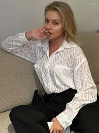Blusas femininas sexy elegante veja através de mulheres camisetas de blusa de escritório 2022 moda v pescoço de manga comprida camisa branca casual rua