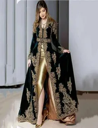 Marocco Mermaid Yeşil Kadife Gece Elbise 2 Parçası Aşırı Etek Bölünmüş Altın Aplike Dantel Balo Resmi Önlükler Cezayir Kıyafet 3745952