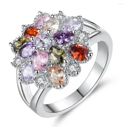 Обручальные кольца дамы очарование радужного хрустального кольца цветочный гламур модный одиночный металл красочный циркон вечеринка подарки