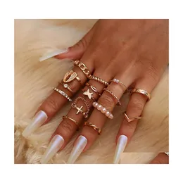 Bant Yüzük Moda Takı Knuckle Ring Seti Sier Geometrik Sahte İnci Boncuklar Melek Kanat Çapraz Zincir İstifleme Yüzükleri 15 PCS/SET DROP DELI DHIQP