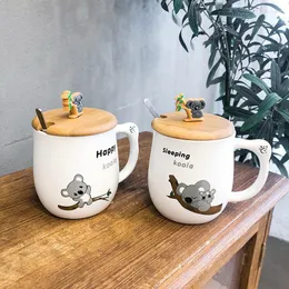 Mugs Cartoon Animal Wooden Cover With Spoon Koala Ceramic Mug Creative Male And Female Student Couple Water