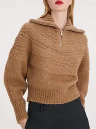 女性用セーターウールウールブレンドジャッククアードセーター秋の冬のレディハーフジッパー大きなターンダウン襟長スリーブプルオーバーニットウェア