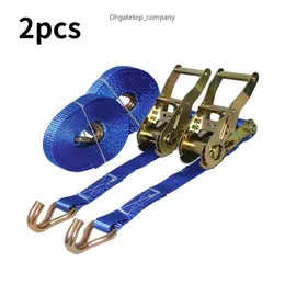 2pcs Car Motorcycle Lorry Lashing Cargo Strap Ratchet Belt Weaving 5M Wear Resistant With Metal Buckle Tie Down Polyester Blu