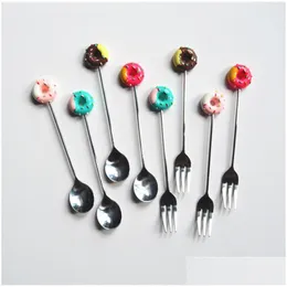 Coffee Scoops Cute Doughnut Tea Coffee Spoon Donut Stainless Steel Soup Scoop Fruit Fork With Resin Head Kids 3Sl E1 Drop De Dhgarden Dhvko