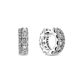 Double Band Pave Hoop Earrings Real Sterling Silver with Original Box for Pandora Jewelry CZ diamond Hip Hop Circle Stud Earring Set For Women Men