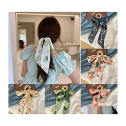 Hair Rubber Bands Fruit Printed Chiffon Streamers Hair Rope Pearl Elastic Rubber Bands Ponytail Holder Long Ribbon Women Sweet Acces Dhiak