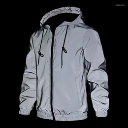 Men's Jackets Parklees Reflective Hooded Jacket For Men Night Fluorescent Drawstring Coat Hip Hop Dance Jogging Sportswear Jaquetas
