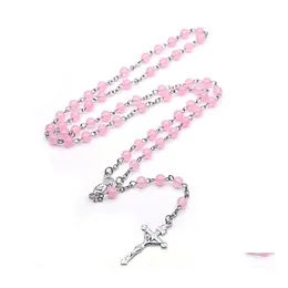 Naszyjniki wisiorek katolickie biżuteria długie różowe szklane koraliki Dziewicze Krzyż Naszyjnik dla kobiet prezenty religijne upuszczenie dostawy naszyjnik dhpvt