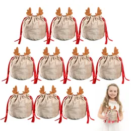 Gift Wrap Christmas Sack 10 Pcs Santa Sacks Drawstring Bags Cute Storage With Antlers Decor Velvet Party Favor 221202