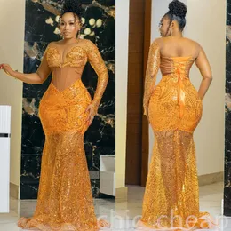 2023 Arabo Aso Ebi Orange Mermaid Prom Dresses Pizzo con paillettes Sera sexy Festa formale Secondo ricevimento Compleanno Abiti di fidanzamento Abito ZJ202