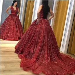 Stunning V Neck Wine Red Ball Gown Prom Dresses Sequined Sparkle Bling Sleeveless Court Train Evening Gowns Women Elegant