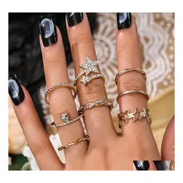 Bandringar Fashion Jewelry Vintage Knuckle Ring Set Rhinstone Geomtric Five Piont Star Rings Set 8st/Set Drop Delivery DHFDA