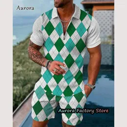 Herrspårar Summer Men's Striped Lattice Polo Shirt Set Male Fashion Tracksuit Casual Suit Trun Down Collar Zipper Clothing Vintage