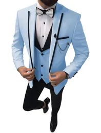 남자 양복 블레이저 최신 코트 팬츠 디자인 공식적인 남자 웨딩 스카이 블루 에드 라펠 라펠 신랑 턱시도 남자 블레이저 3 조각 의상 homme 221201