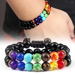 Strang 7 Chakra-Perlen-Armbänder-Set, Reiki-Heilung, natürlicher Tigerauge-Stein, Perlenarmband, schwarzer Lava-Onyx, Balance-Armreifen, Yoga-Schmuck