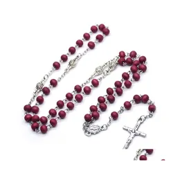 Pendant Necklaces Wine Red Wood Beads Cross Rosary Necklace Catholic Long Strand Religious Jewelry Drop Delivery Necklaces Pendants Dhngq