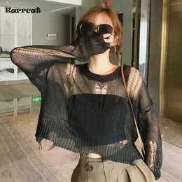 Women's Sweaters Karrcat Black Gothic Thin Women Pullover Loose Sweater Lady Hollow Out Hole Broken Streetwear Stretch Split Knit Short Top 221201