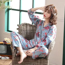 Inicio Ropa Conjuntos de pijamas para mujer Primavera Otoño Algodón Estampado de flores Moda Ropa de dormir Camisas Pantalones superiores Traje de 2 piezas Camisones Ropa de casa