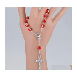 Kościa Krzyż Jezus Bracelety Biez Bangle Virgin Mary Religijna biżuteria 8 mm Colorf Acryl Kulki katolickie bransoletka różańca dar dla kobiet dh86h