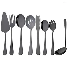 Dinnerware Sets Drmfiy 8Pcs Black Stainless Steel Cutlery Set Mirror Serving Buffet Catering Fork Spoons Silverware