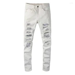 Jeans para hombres Hombres Moda Streetwear Patchwork Ripped White Stretch Denim Pantalones Flacos Cónicos Pantalones rectos de cintura media