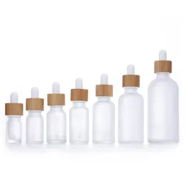 Frosted White Glass Dropper Bottle 10ml 15ml 20ml 30ml 50ml With Bamboo Cap 1oz Wooden Essential Oil Bottles