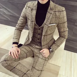 Men's Suits Blazers JacketsVestPants Men plaid business Blazers/Male slim fit pure cotton three-piece suit/Man groom dress M-5XL 221201