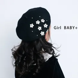 Модные детские шапки для девочек шерсть осенняя зимняя девочка шляпа с цветами винтажные детские брюшные шкафу аксессуары