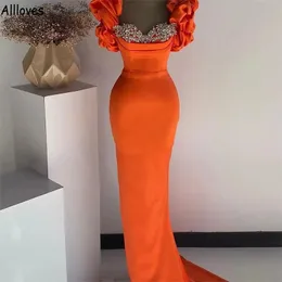 Arabic Aso Ebi Orange Satin Evening Dresses Sparkly Crystals Ruched Puff Short Sleeves Prom Party Gowns Sweep Train Women Second Reception Celebrity Dress CL1536