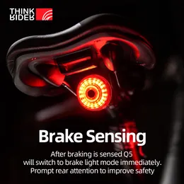 Cykelbelysningar ThinkRider Cycling Taillight Cykel Smart Auto Bromsavkänning IPX6 Vattentät LED -laddning Bakre 221201