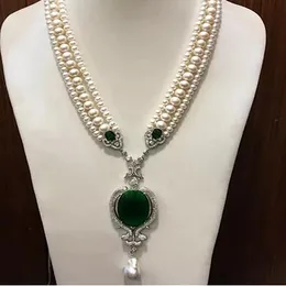 3ROWs sötvatten pärla vit nära rund halsband grön hänge 19 tum grossist