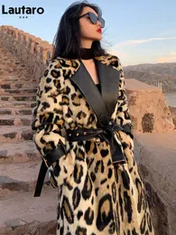 Women's Fur Faux Lautaro Winter Long Leopard Print Warm Fluffy Trench Coat for Women Sleeve Double Breasted European Fashion 221202