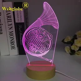 Luzes noturnas French Horn Horth Wooden 3D LED LUDER Ilusão óptica com 7 Efeitos de iluminação de alteração de cores Decoração de casa Presentes de Natal