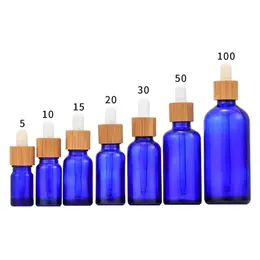 Frosted Blue Glass Droper Bottle 5 ml 10 ml 15 ml 30 ml 50 ml med bambu lock 1 oz bambu eteriska oljeflaskor