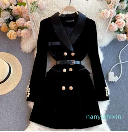 Women's Jackets Velvet Jacket Winter Double Breasted Long Sleeve Ladies Black Blazer Belt Women Slim Suit Blazer Outwear Clothing