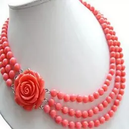 Mooie sieraden 3row 7-8 mm roze koraalsfeer Rose Button Leer langer vrouwen ketting 17-19inch