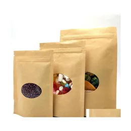 Packing Bags 100Pcs/Lot Kraft Paper Bags Stand Up Reusable Seal Food Pouches With Transparent Window For Storing Cookie Dried Snack Dhzku