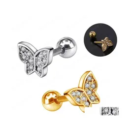 Stud Butterfly Cartilage Studs Cubic Zirconia Helix Tragus Conch Screw Back Earring Stainless Steel Piercing Jewelry Women Drop Deli Dhtkr