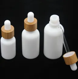 Frasco de vidro branco opala 15ml 30ml 50ml com conta-gotas de bambu frascos de óleo essencial de madeira porcelana