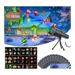 Juldekorationer Halloween Christmas Projector Lamp Holiday Party Led Stage Light Snowflake Landscape 12 Pattern Card Flash Lligh Otkfi