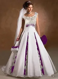 Vintage White And Purple A Line Wedding Dress Embroidered Gothic Bridal Gowns Lace Top Cap Sleeves Scoop Neck Bride Vestido De Novia 2023