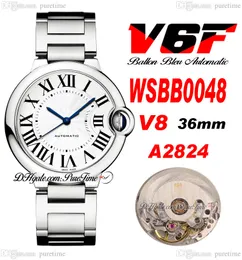 V6F V8 SBB0048 36mm A2824 자동 유니렉스 시계 남성 여성 다이얼 흰색 다이얼 검은 로마 마커 스테인레스 스틸 팔찌 숙녀 시계 ETA 슈퍼 아이디 톤 퓨레 타임 E03B2